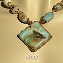 Rare Natural Amazonite Inlaid Pendant Necklace Earring Set In Gold