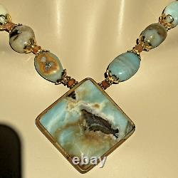 Rare Natural Amazonite Inlaid Pendant Necklace Earring Set In Gold