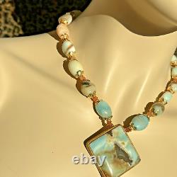 Rare Natural Amazonite Inlaid Pendant Necklace Earring Set In Gold