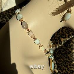 Rare Natural Amazonite Inlaid Pendant Necklace Earring Set In Gold