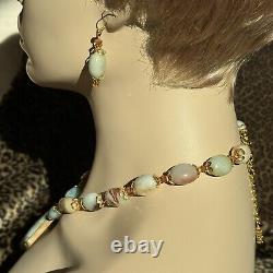 Rare Natural Amazonite Inlaid Pendant Necklace Earring Set In Gold