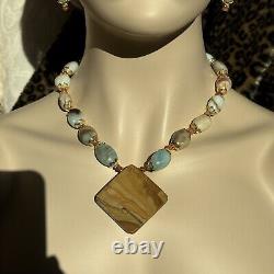 Rare Natural Amazonite Inlaid Pendant Necklace Earring Set In Gold