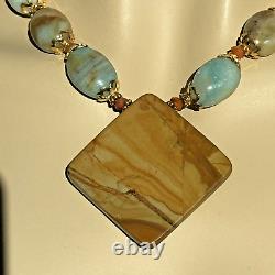 Rare Natural Amazonite Inlaid Pendant Necklace Earring Set In Gold