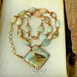 Rare Natural Amazonite Inlaid Pendant Necklace Earring Set In Gold