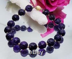 Rare Natural Deep Purple Amethyst Carved Flower Beads 14k Gold Bracelet Aaa+++