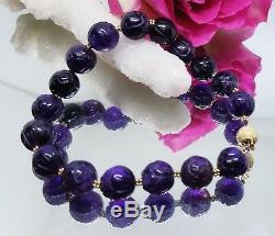 Rare Natural Deep Purple Amethyst Carved Flower Beads 14k Gold Bracelet Aaa+++