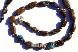 Rare Natural Gem Boulder Australian Opal Smooth Nugget & Round Beads Necklace16