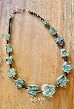 Rare Natural Gem Silica Aqua Chrysocolla Chalcedony Slab Cross Cut Bead Necklace