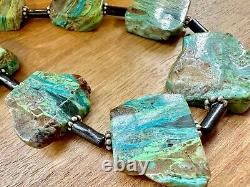 Rare Natural Gem Silica Aqua Chrysocolla Chalcedony Slab Cross Cut Bead Necklace