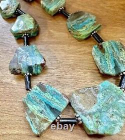 Rare Natural Gem Silica Aqua Chrysocolla Chalcedony Slab Cross Cut Bead Necklace