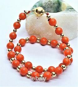 Rare Natural Mediterranean Sea Italian Red Coral Beads 14k Gold Bracelet 8