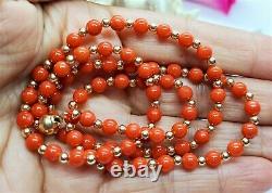 Rare Natural Mediterranean Sea Italian Red Coral Beads 14k Gold Necklace 20
