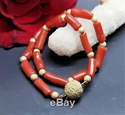Rare Natural Mediterranean Sea Italian Red Coral Tubes 14k Gold Bracelet 8