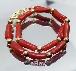 Rare Natural Mediterranean Sea Italian Red Coral Tubes 14k Gold Bracelet 8