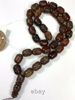 Rare Natural STONE Baltic Amber Prayer Beads Mesbah carved
