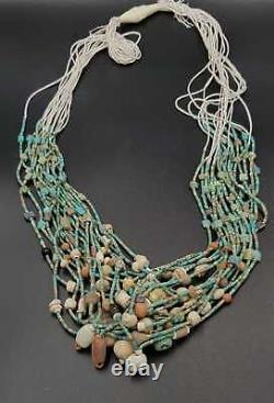 Rare Natural Tinny Tibetan Turquoise Stone With Bone Beads 17 Strand Necklace