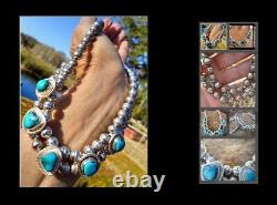 Rare Old Pawn Navajo Morenci Turquoise Choker Squash Blossom Necklace 16.75l