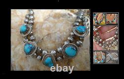 Rare Old Pawn Navajo Morenci Turquoise Choker Squash Blossom Necklace 16.75l