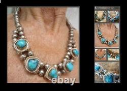 Rare Old Pawn Navajo Morenci Turquoise Choker Squash Blossom Necklace 16.75l