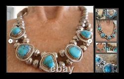 Rare Old Pawn Navajo Morenci Turquoise Choker Squash Blossom Necklace 16.75l