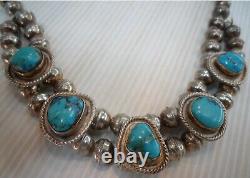 Rare Old Pawn Navajo Morenci Turquoise Choker Squash Blossom Necklace 16.75l