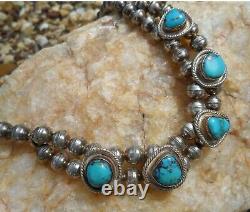 Rare Old Pawn Navajo Morenci Turquoise Choker Squash Blossom Necklace 16.75l