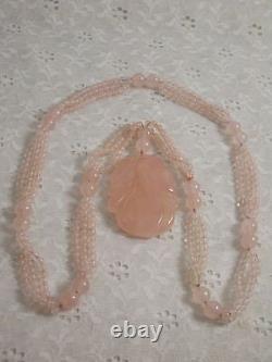 Rare Oriental rose quartz vintage beaded necklace with carved medallion