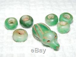 Rare Pre-Columbian Bright Green 7 Piece Lot Jade Figural Tapir and Beads