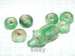 Rare Pre-Columbian Bright Green 7 Piece Lot Jade Figural Tapir and Beads