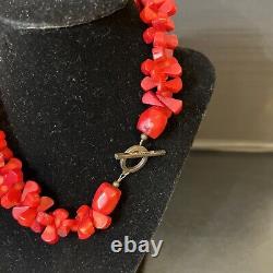 Rare SAKI Sterling Silver 925 Ocean Art Coral Beaded Toggle Necklace 16inches