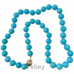 Rare Sleeping Beauty Turquoise Round Bead 20 Necklace with 18K White Gold Over