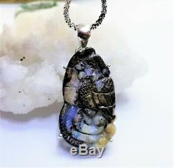Rare Solid Carved Bead Australian Boulder Opal. 925 Ss Pendant Chain Necklace