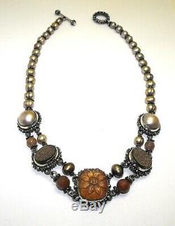 Rare Stephen Dweck Sterling Silver Carved Stone Druzy Pyrite Pearl Necklace 17