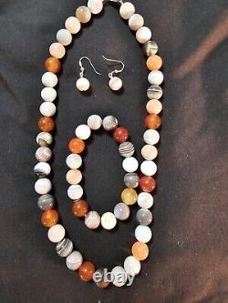 Rare Sterling Silver Carnelian And Brown Lace Agate Parure