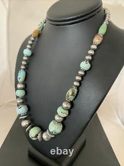 Rare Sterling Silver Navajo PEARLS DRY CREEK TURQUOISE Beads Necklace01385