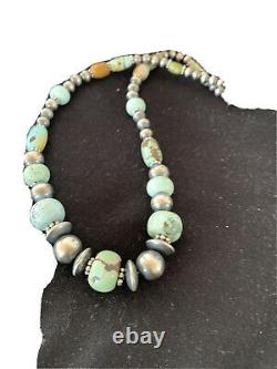 Rare Sterling Silver Navajo PEARLS DRY CREEK TURQUOISE Beads Necklace01385