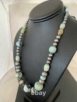 Rare Sterling Silver Navajo PEARLS DRY CREEK TURQUOISE Beads Necklace 1191