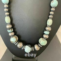 Rare Sterling Silver Navajo PEARLS DRY CREEK TURQUOISE Beads Necklace 1191