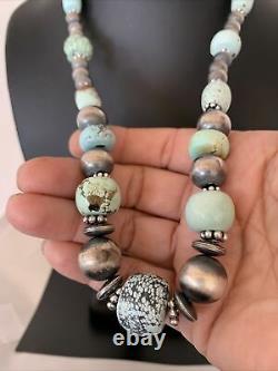 Rare Sterling Silver Navajo PEARLS DRY CREEK TURQUOISE Beads Necklace 1193