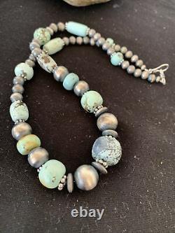 Rare Sterling Silver Navajo PEARLS DRY CREEK TURQUOISE Beads Necklace 1193