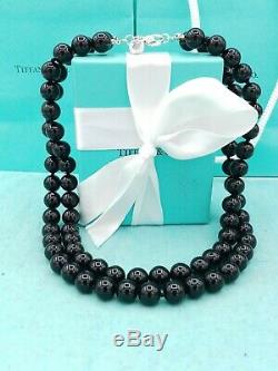 Rare Tiffany & Co Silver Onyx Gemstone Ball Bead Necklace Double Strand 17