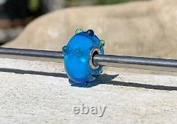 Rare Trollbeads Caterpillar Unique OOAK Glass Bead HTF! Blue With Green Buds
