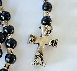 Rare UNO DE 50 Big Chunky Black Bead and Silver Cross with Peace Symbol Necklace