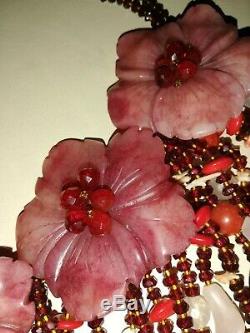 Rare Unique Marvelous Genuine Jade Garnet Carnelian Coral 925 Silver Necklace