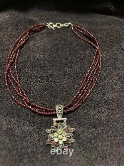 Rare VINTAGE with 3D Garnet/Peridot Slide Pendant Silver Necklace