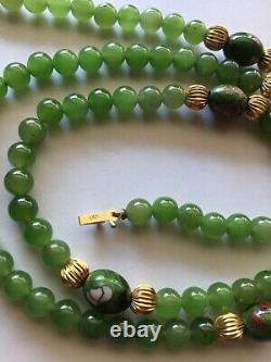 Rare Vintage 14K Gold With Green 6MM Jade Bead Ball Necklace Transparent Natural