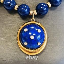 Rare Vintage 18k Yellow Gold Lapis Lazuli Bead Pendant Necklace 18