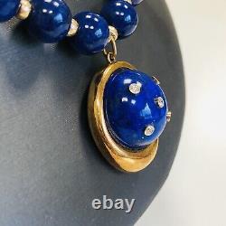 Rare Vintage 18k Yellow Gold Lapis Lazuli Bead Pendant Necklace 18