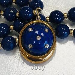 Rare Vintage 18k Yellow Gold Lapis Lazuli Bead Pendant Necklace 18