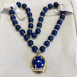 Rare Vintage 18k Yellow Gold Lapis Lazuli Bead Pendant Necklace 18